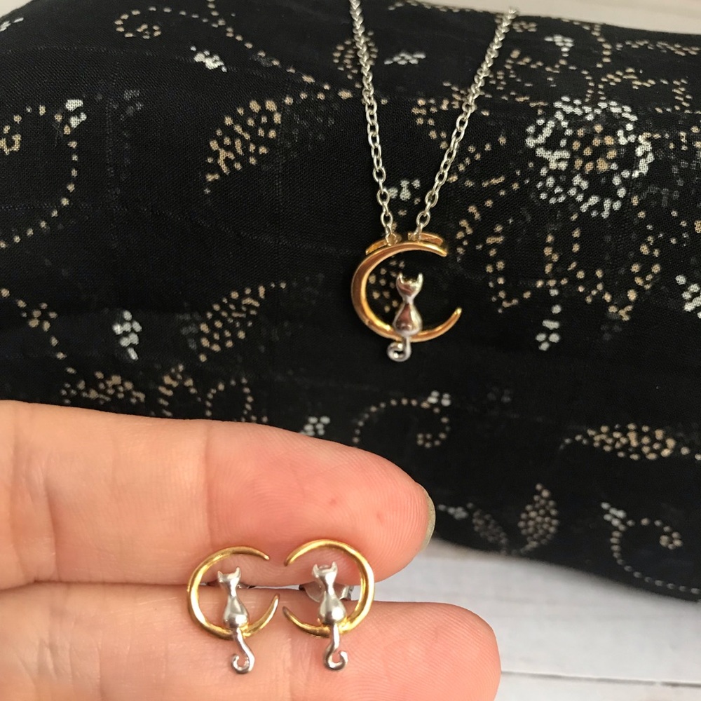 925 Sterling Silver Cat and Moon Jewelry Set 3 PK